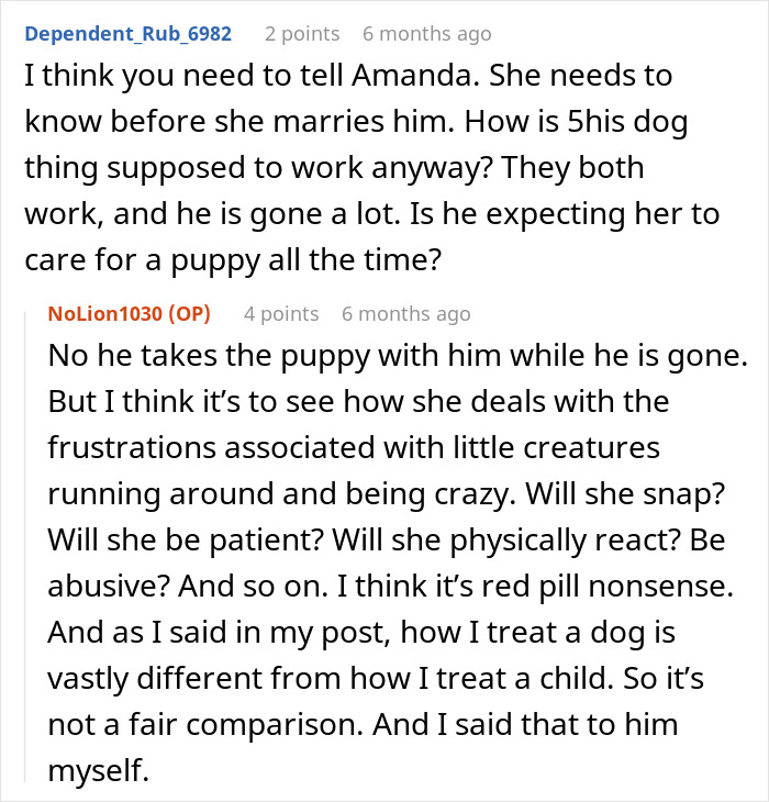 Online discussion about using a dog to test if a fiancée would be a good mother. Online discussion about using a dog to test if a fiancée would be a good mother.