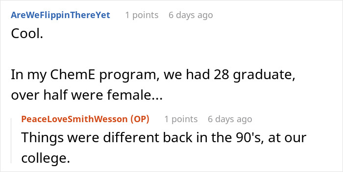 Reddit discussion about gender diversity in engineering programs and changes since the 90s.