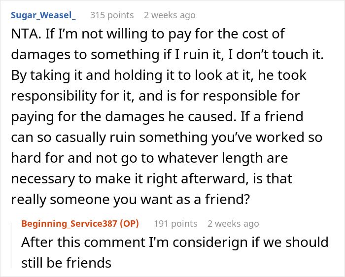 Text about asking a friend to pay for a damaged leather bag and reflecting on friendship fairness.
