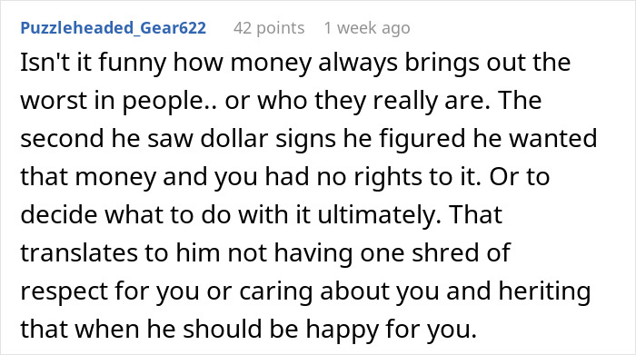 Comment discussing boyfriend showing true colors after woman's sudden inheritance.