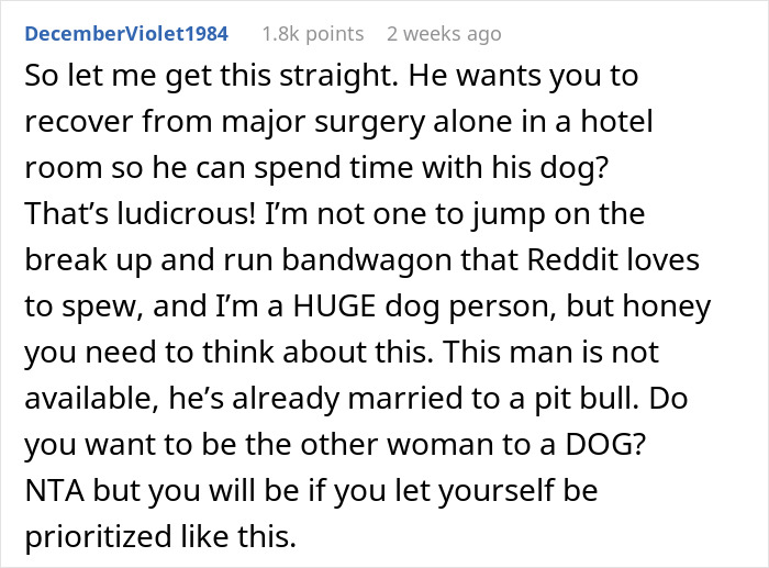 Guy Tells Fianc&eacute;e To Recover In Hotel Room After Surgery So As Not To Not Disturb His Dog