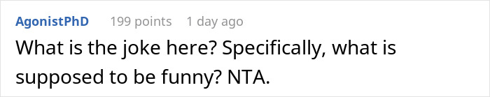 Reddit comment questioning humor, with user stating "NTA" regarding man at pregnancy appointments.