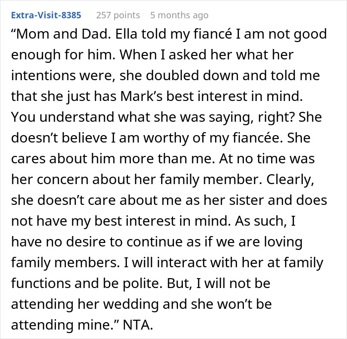 Reddit text post discussing a sister trying to convince her sister&rsquo;s fianc&eacute; to end their engagement.