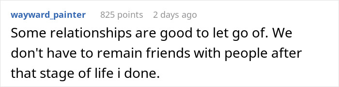 Comment on Reddit discussing letting go of certain relationships.