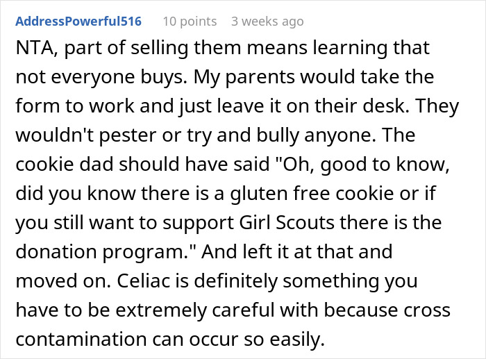 Reddit comment discussing sales strategies and gluten-free options for Girl Scout cookies. Reddit comment discussing sales strategies and gluten-free options for Girl Scout cookies.