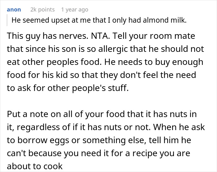 Reddit comment discussing a roommate upset over almond milk due to their allergic child snatching food.