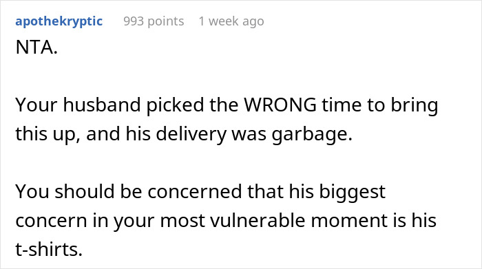 Reddit comment criticizing a husband's focus on laundry after wife's surgery.