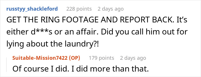 Reddit comments about husband lying, discussing potential affair or deceit.
