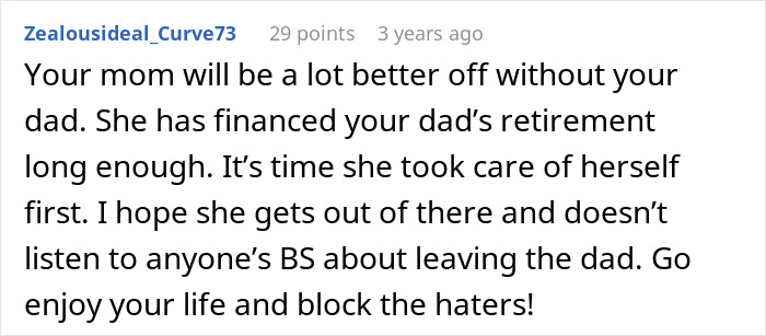 Text message about supporting mom's independence and ignoring negativity.