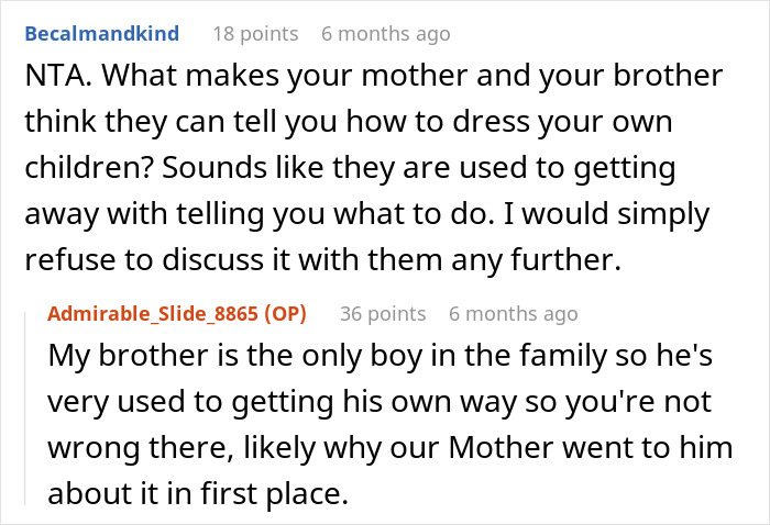 Comment exchange discussing opinions on dressing twins differently and family dynamics. Comment exchange discussing opinions on dressing twins differently and family dynamics.
