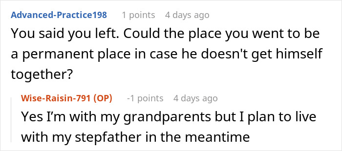 Reddit conversation discussing temporary living arrangements and a job-hopper's need to find stable employment.