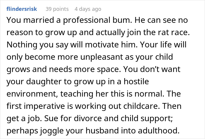 Text discussing ultimatum for job-hopper to find work or face divorce and child support challenges.