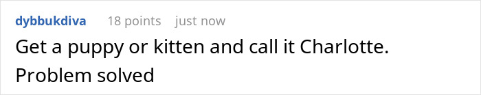 Reddit comment suggests naming a pet 'Charlotte' to resolve a 'Bridgerton'-inspired naming dilemma.