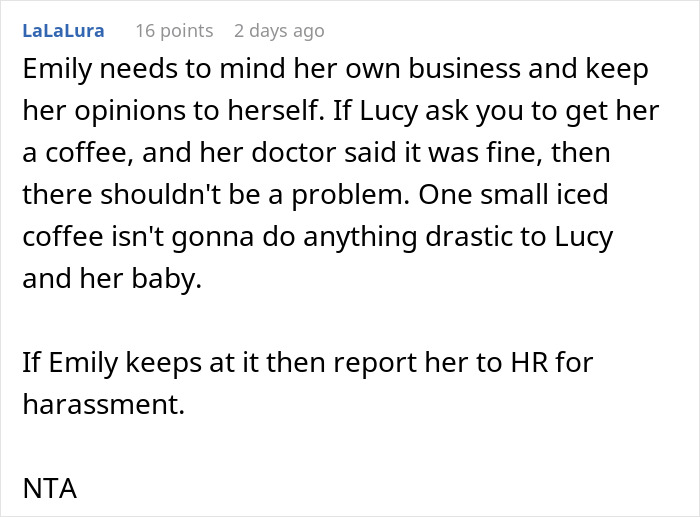 Reddit comment about coworker conflict over coffee for a pregnant colleague.
