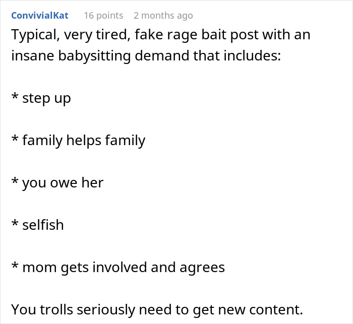 Text screenshot of a babysitting demand including phrases like "step up" and "selfish," relating to "childless" and "family.