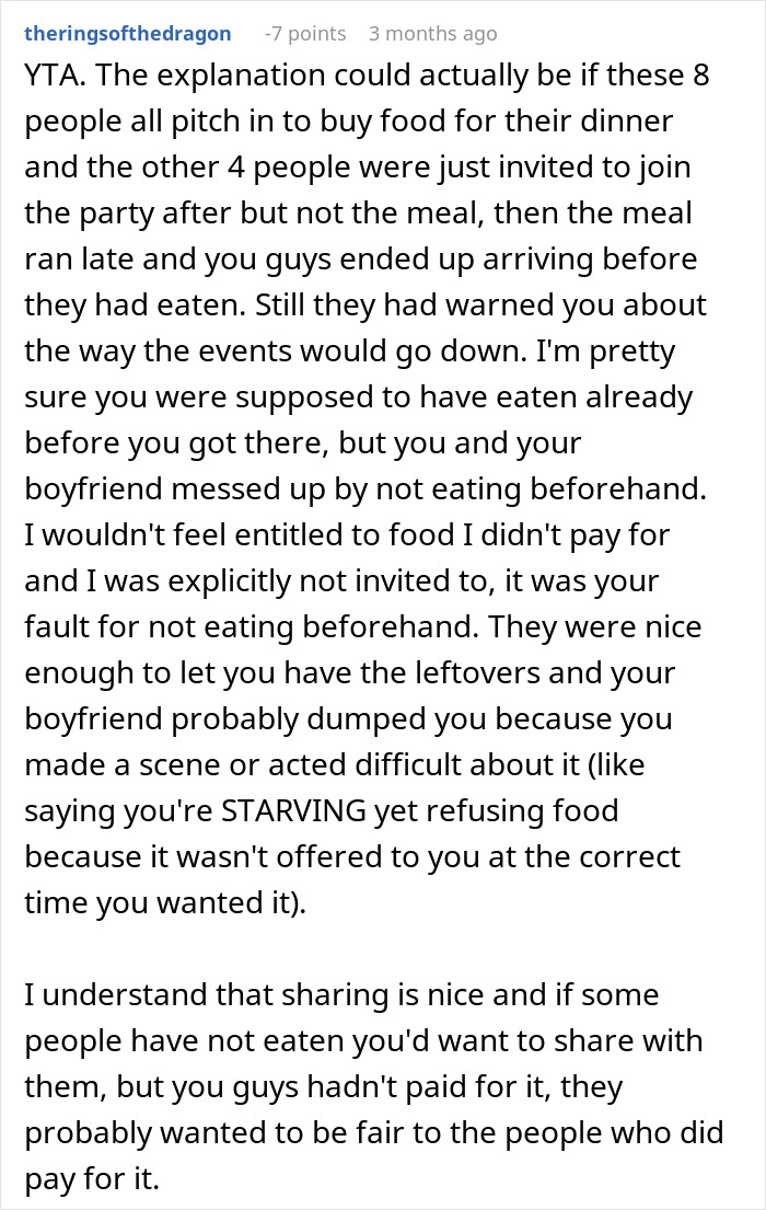 Reddit post discussing group of friends sharing leftovers with guests at a meal.