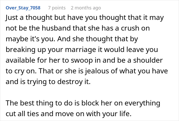 User comment discussing jealousy and potential sabotage of a friend's marriage. User comment discussing jealousy and potential sabotage of a friend's marriage.