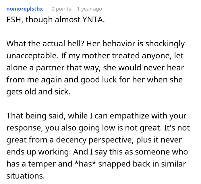 Comment discussing behavior response to a boyfriend's mom at dinner, mentioning both empathy and decency considerations. Comment discussing behavior response to a boyfriend's mom at dinner, mentioning both empathy and decency considerations.