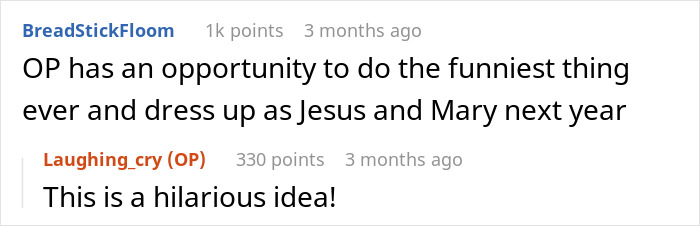 Reddit comment discussing Halloween costume ideas related to a religious theme. Reddit comment discussing Halloween costume ideas related to a religious theme.