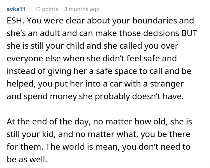 Reddit comment discussing parental decisions and anxiety during a road trip. Reddit comment discussing parental decisions and anxiety during a road trip.