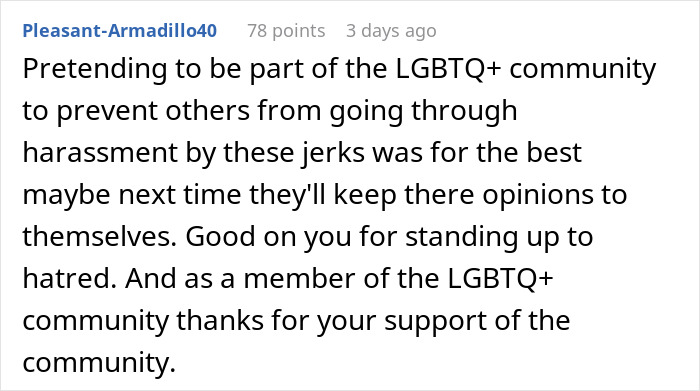 Text exchange discussing support against harassment and homophobic jerks, praising solidarity with the LGBTQ+ community.