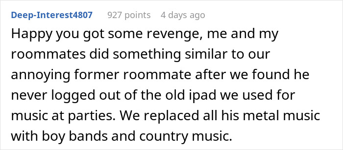 Text exchange about taking petty revenge on a former roommate by changing their music collection. Text exchange about taking petty revenge on a former roommate by changing their music collection.