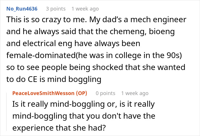 Reddit conversation about gender perceptions in engineering and nursing, highlighting nursing as "easy".