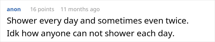 Comment discussing daily shower habits related to not showering regularly.