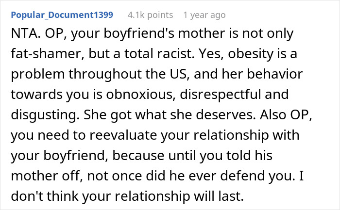 Reddit comment discussing relationship issues after a dinner incident involving a boyfriend's mom. Reddit comment discussing relationship issues after a dinner incident involving a boyfriend's mom.