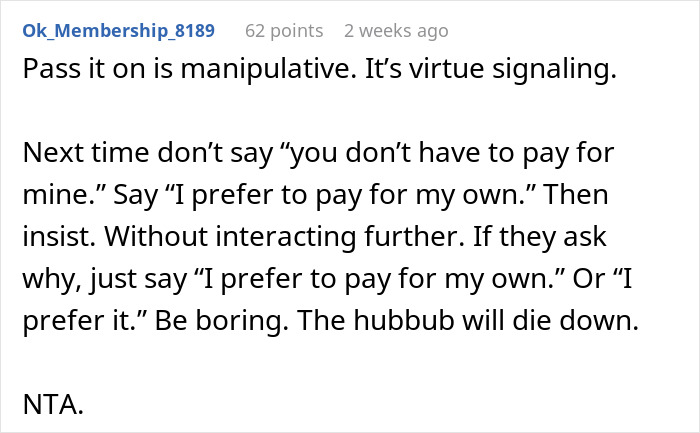 Comment discussing refusal to continue "pay it forward" concept, calling it virtue signaling and offering alternative phrasing.