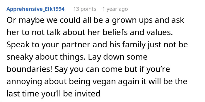 Text comment about setting boundaries with vegan family member at barbeques. Text comment about setting boundaries with vegan family member at barbeques.