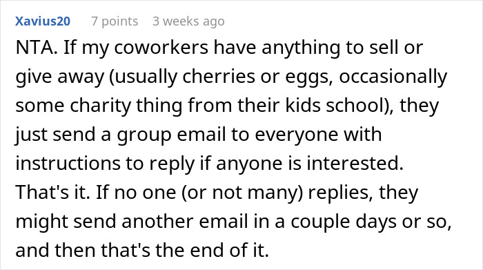 Text exchange about coworkers selling items like cherries or eggs via group email. Text exchange about coworkers selling items like cherries or eggs via group email.