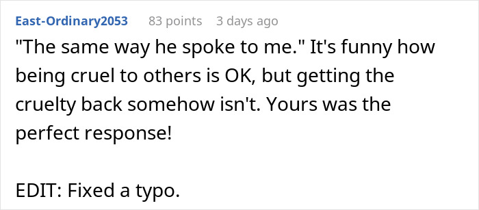 Comment highlights the irony of a man's reaction to a coworker's savage response. Comment highlights the irony of a man's reaction to a coworker's savage response.