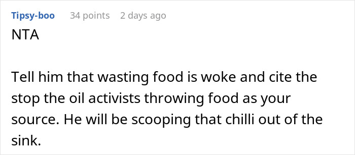 Comment on Reddit about anti-woke prank involving wasting food. Comment on Reddit about anti-woke prank involving wasting food.