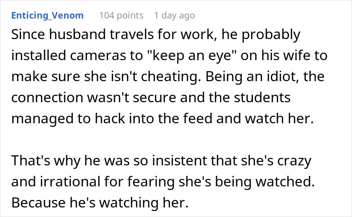 Text exchange discussing potential paranoia about being watched by husband and students. Text exchange discussing potential paranoia about being watched by husband and students.