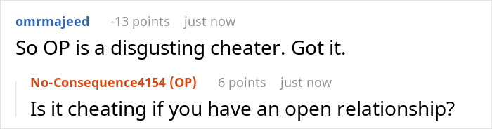 Discussion about open relationships and cheating in online comments.
