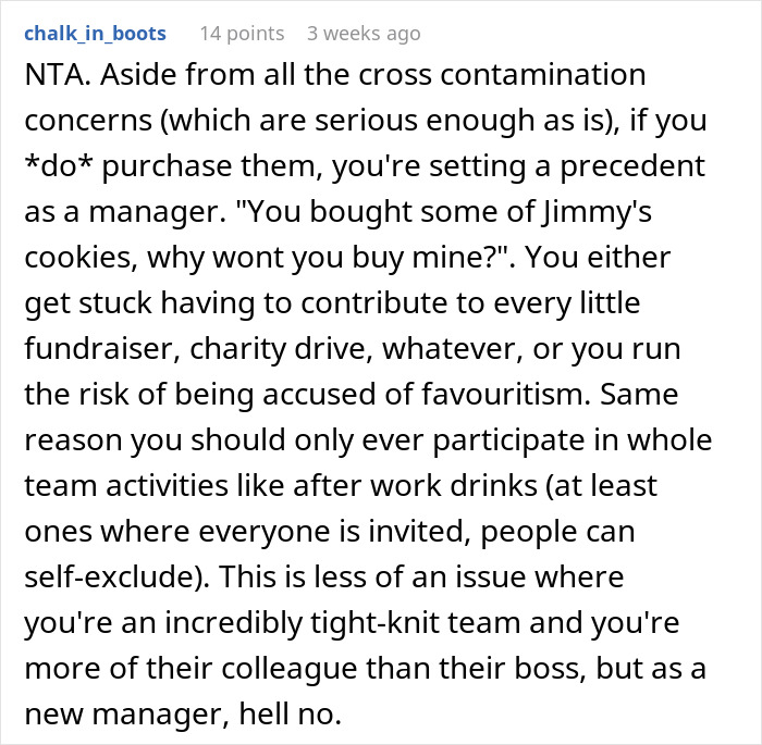 Text explaining why buying gluten-containing Girl Scout cookies can set a precedent for favoritism in management. Text explaining why buying gluten-containing Girl Scout cookies can set a precedent for favoritism in management.