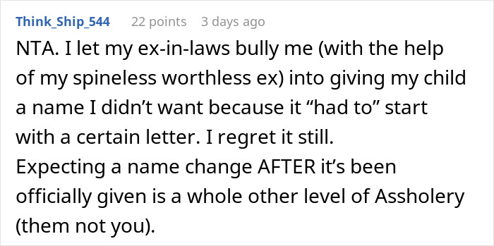Reddit comment about family conflict over a baby's controversial name choice.
