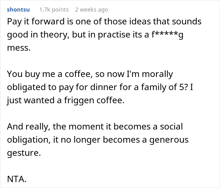 Text about declining "pay it forward" chain, questioning social obligation versus genuine generosity.