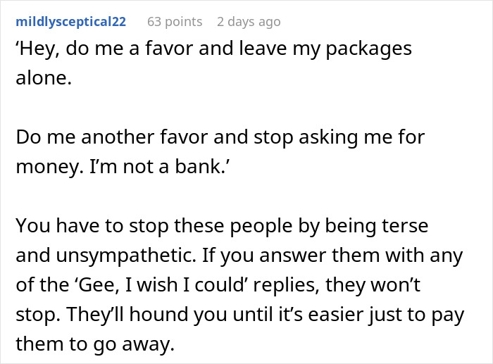 Text exchange about neighbor's frustration with package handling and repeated loan requests.