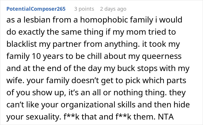 Text from an online forum discussing family dynamics, respect, and support in relationships. Text from an online forum discussing family dynamics, respect, and support in relationships.