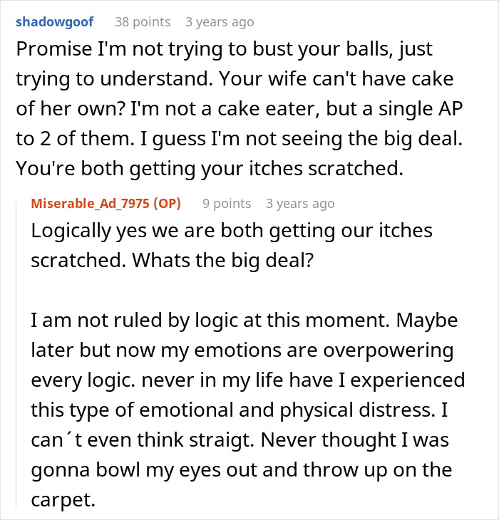 Reddit conversation about marriage issues, discussing infidelity and emotional struggle. Reddit conversation about marriage issues, discussing infidelity and emotional struggle.