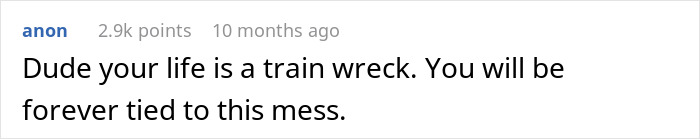 Comment highlighting a life struggle, stating, "Dude your life is a train wreck. You will be forever tied to this mess. Comment highlighting a life struggle, stating, "Dude your life is a train wreck. You will be forever tied to this mess.