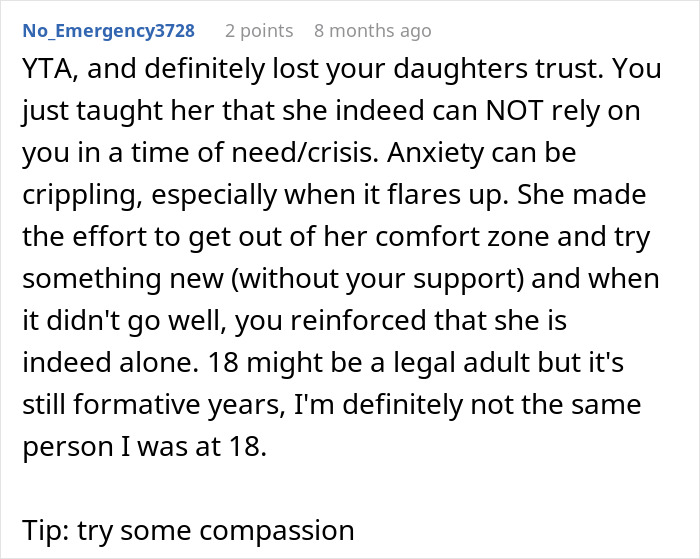 Comment discussing the impact of a parent's refusal to pick up their anxious daughter from a road trip. Comment discussing the impact of a parent's refusal to pick up their anxious daughter from a road trip.