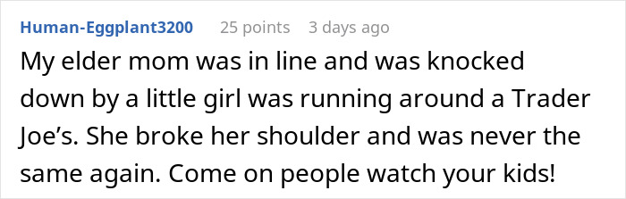 Text comment about kids running in stores and causing accidents. Text comment about kids running in stores and causing accidents.