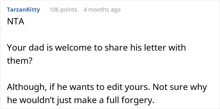 Screenshot of a Reddit comment discussing sharing a personal letter, related to family dynamics and final words. Screenshot of a Reddit comment discussing sharing a personal letter, related to family dynamics and final words.
