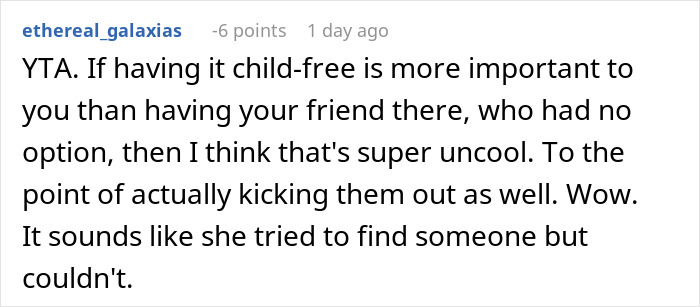 Reddit comment discussing a child-free birthday dinner and its implications.