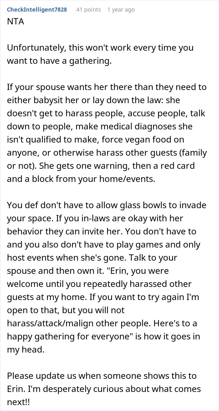 Text of an online comment addressing a vegan SIL's behavior at family gatherings. Text of an online comment addressing a vegan SIL's behavior at family gatherings.