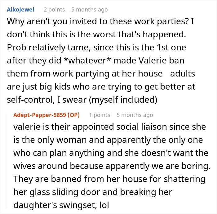 Comments about a husband's coworkers causing trouble at a party, with mentions of social dynamics and broken items.