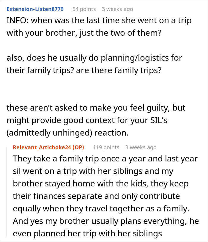 Text comments discussing a brother gifting his sister a birthday trip, and the wife's reaction for not being thanked for babysitting.